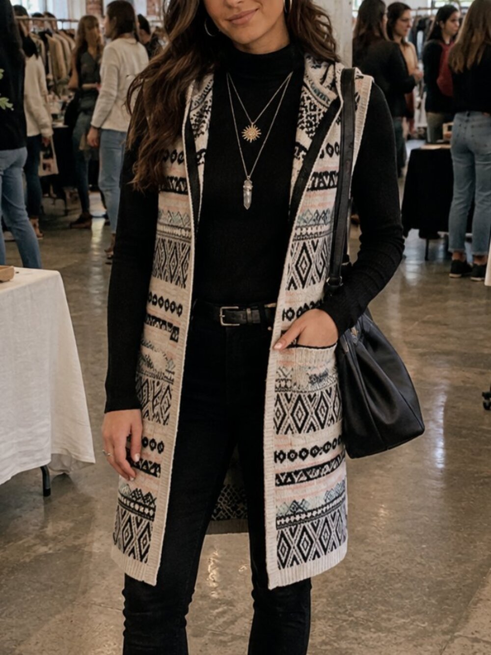 Western Gothic Monteau Intarsia Sleeveless Long Cardigan Sweater Vest Hooded S
